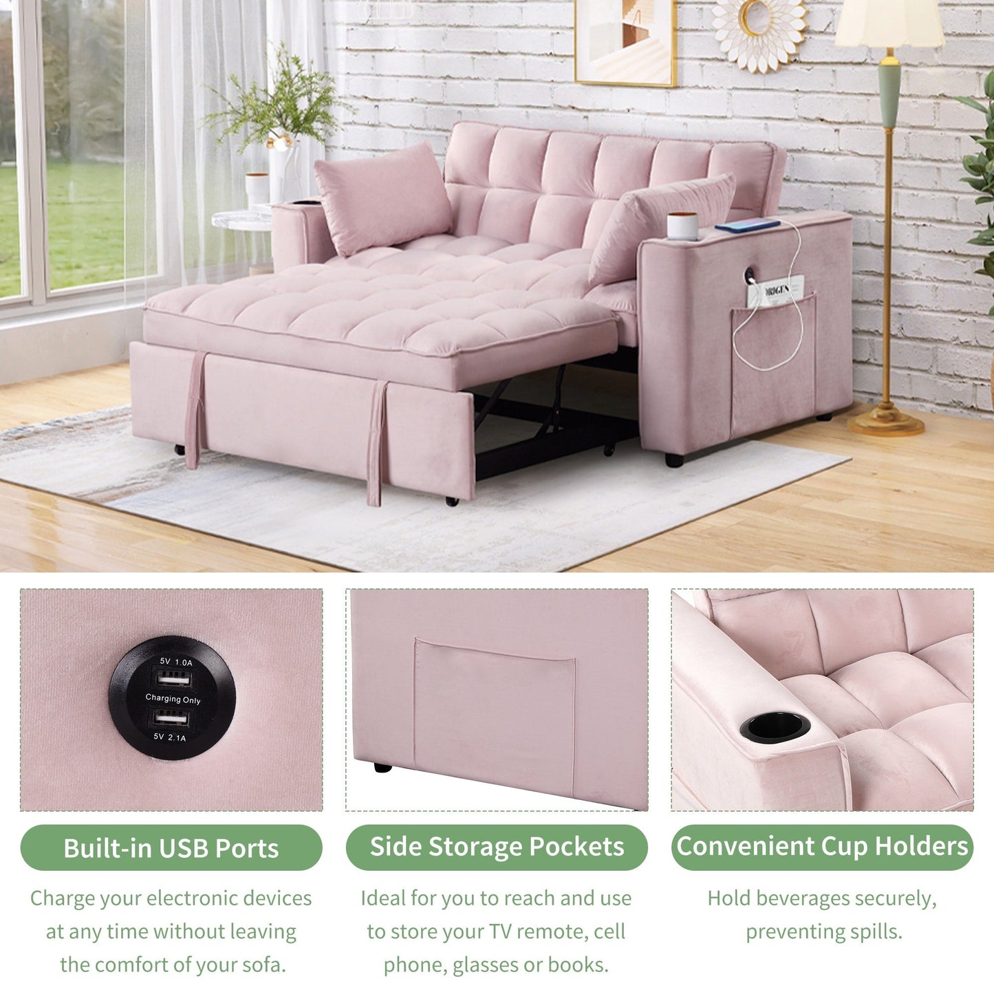Roomfitters 58 4-1 Multi-functional Sofa Bed with Cup Holder and USB Port for Living Room or Apartments