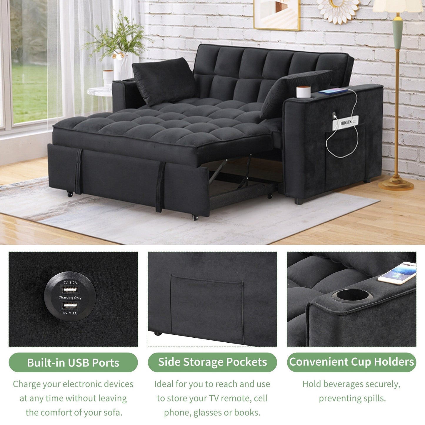 Roomfitters 58 4-1 Multi-functional Sofa Bed with Cup Holder and USB Port for Living Room or Apartments