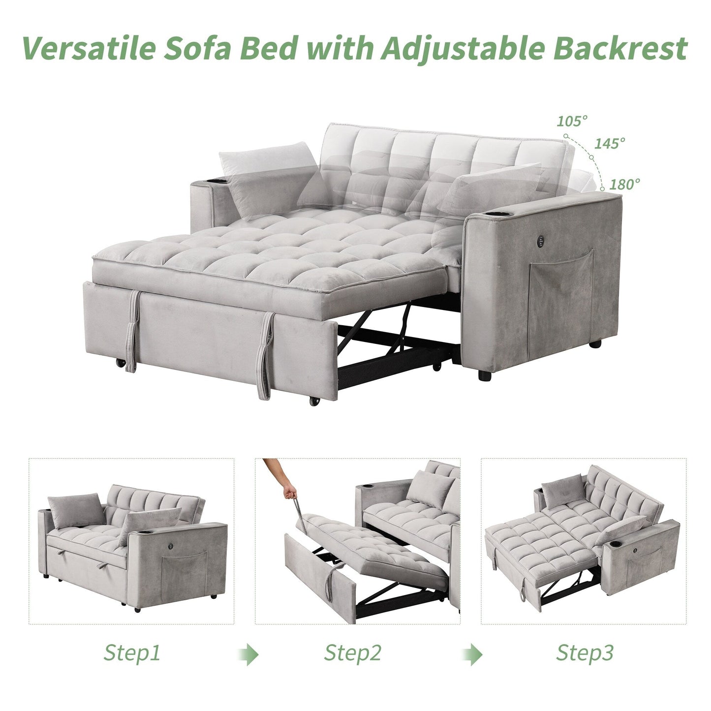 Roomfitters 58 4-1 Multi-functional Sofa Bed with Cup Holder and USB Port for Living Room or Apartments