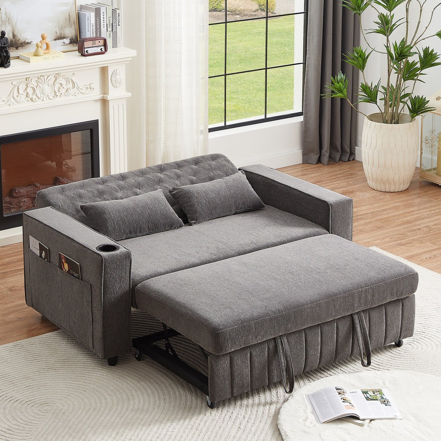 Roomfitters 61.4 Pull-Out Convertible Loveseat Sofa Bed with Adjustable Backrest for Living Room