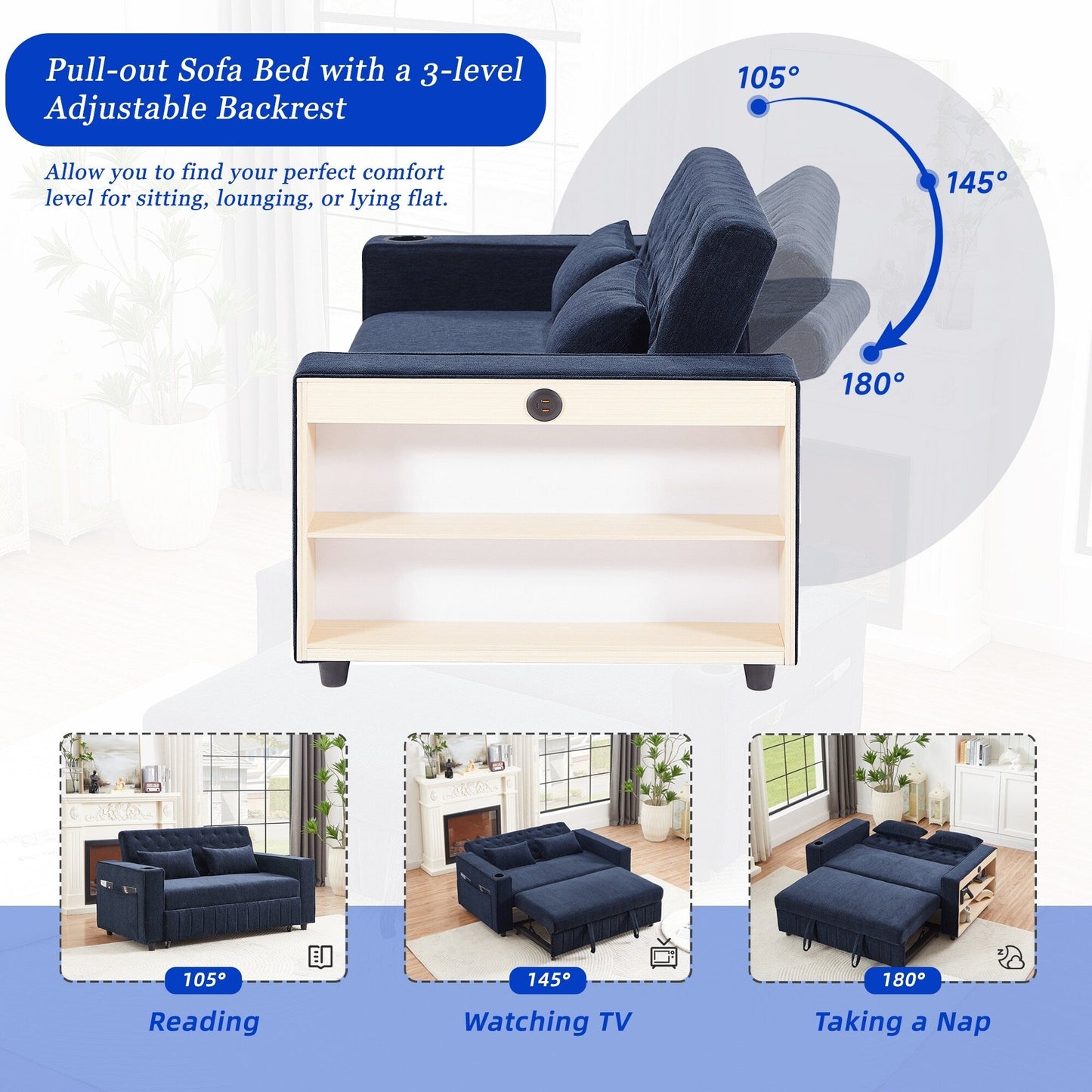 Roomfitters 61.4 Pull-Out Convertible Loveseat Sofa Bed with Adjustable Backrest for Living Room