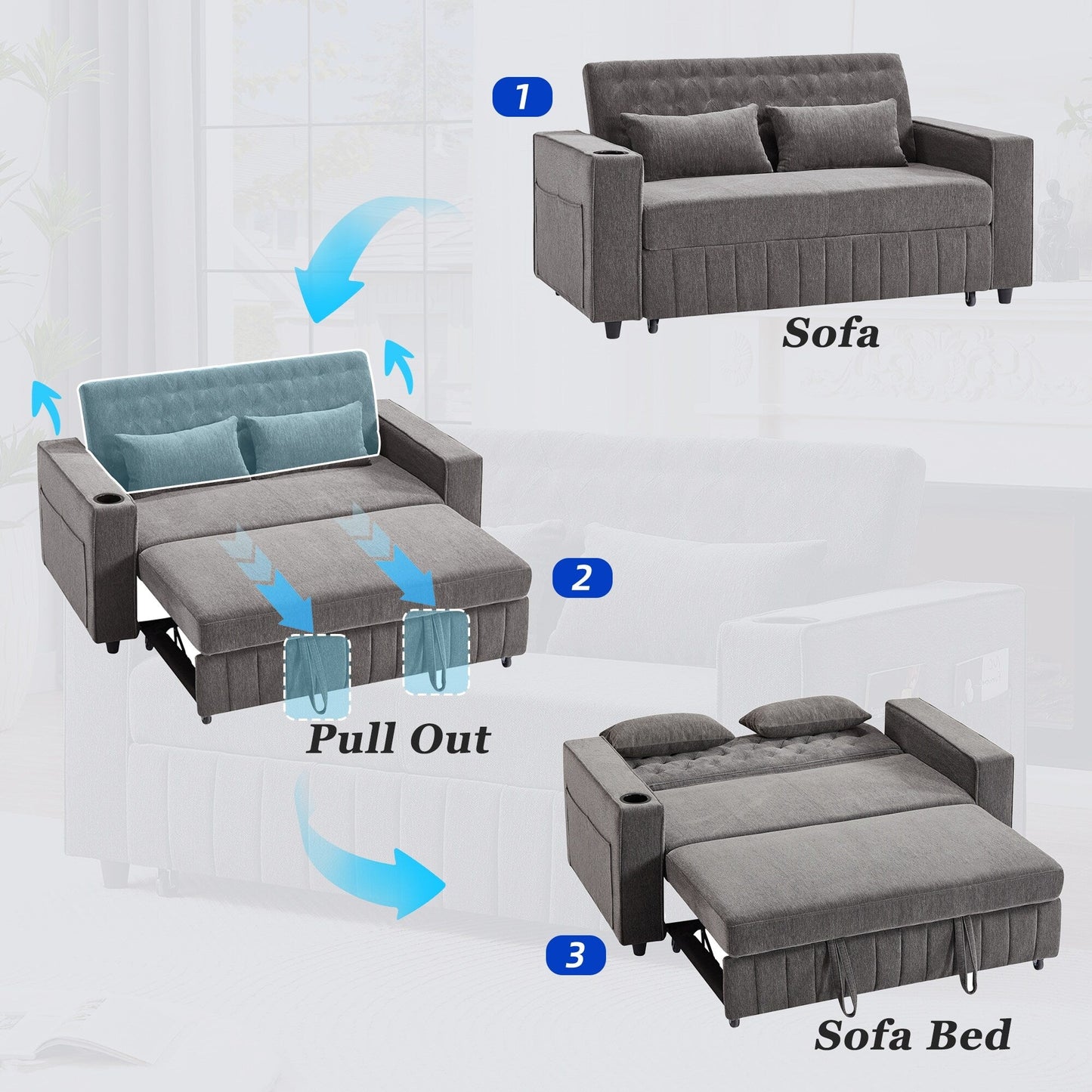 Roomfitters 61.4 Pull-Out Convertible Loveseat Sofa Bed with Adjustable Backrest for Living Room