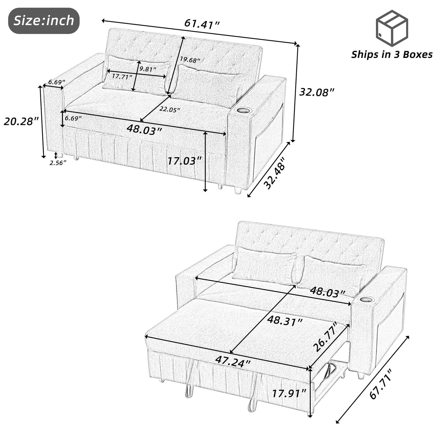 Roomfitters 61.4 Pull-Out Convertible Loveseat Sofa Bed with Adjustable Backrest for Living Room