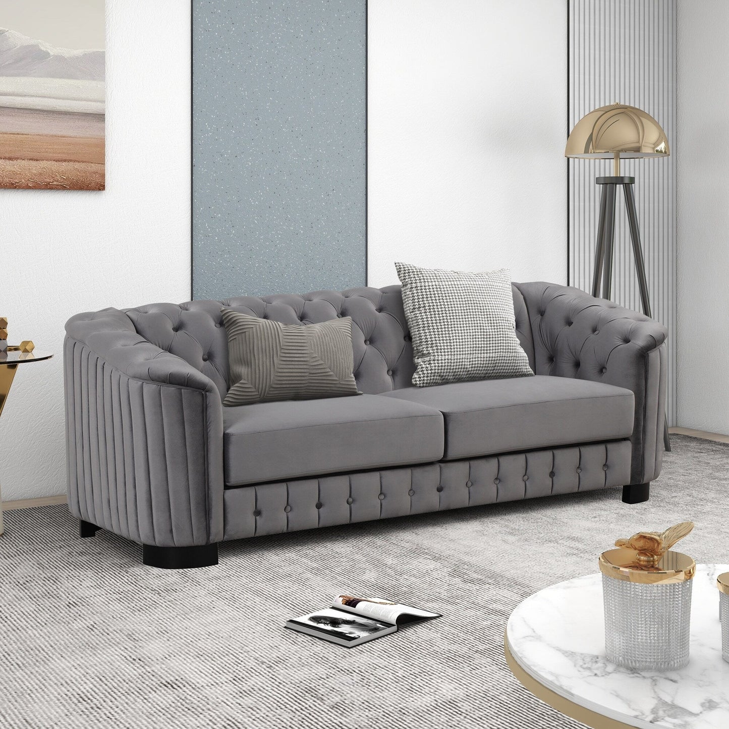Roomfitters 82.4 Mid Century Modern Velvet Sofa Couch with Rubber Wood Legs and Thick Removable Seat Cushion, 3-Seater