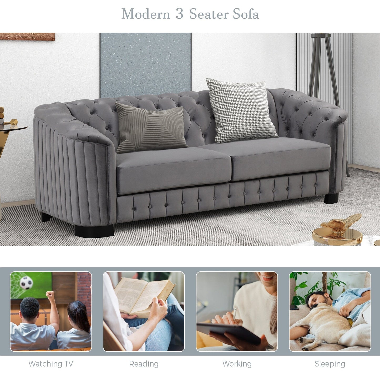 Roomfitters 82.4 Mid Century Modern Velvet Sofa Couch with Rubber Wood Legs and Thick Removable Seat Cushion, 3-Seater