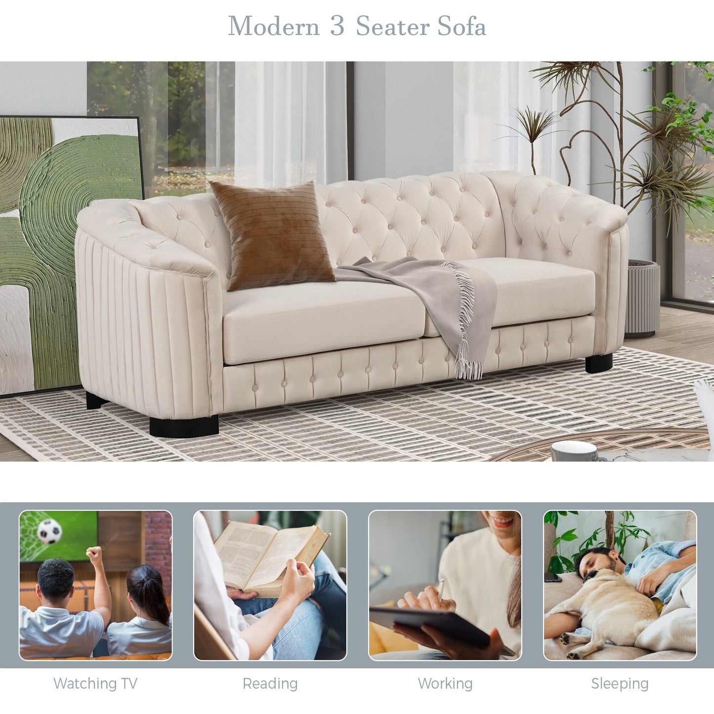 Roomfitters 82.4 Mid Century Modern Velvet Sofa Couch with Rubber Wood Legs and Thick Removable Seat Cushion, 3-Seater