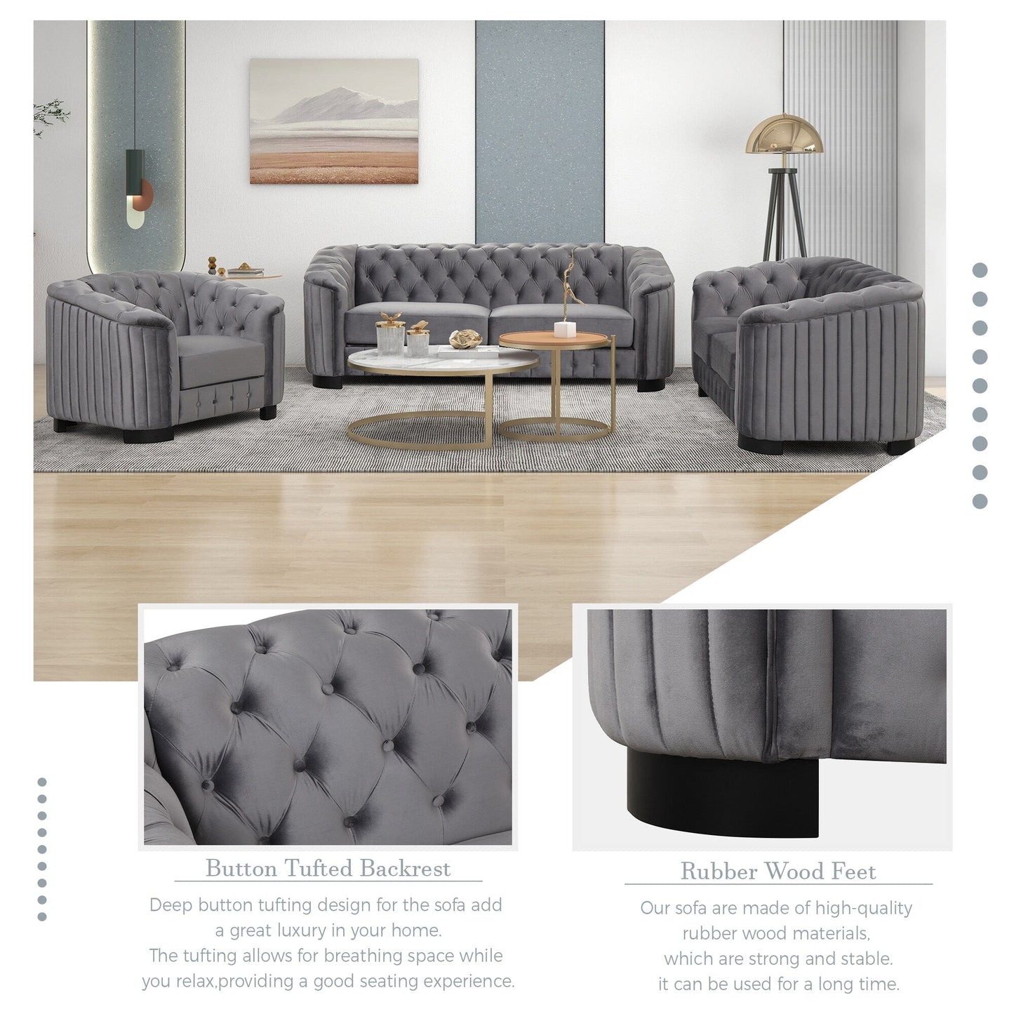Roomfitters 82.4 Mid Century Modern Velvet Sofa Couch with Rubber Wood Legs and Thick Removable Seat Cushion, 3-Seater