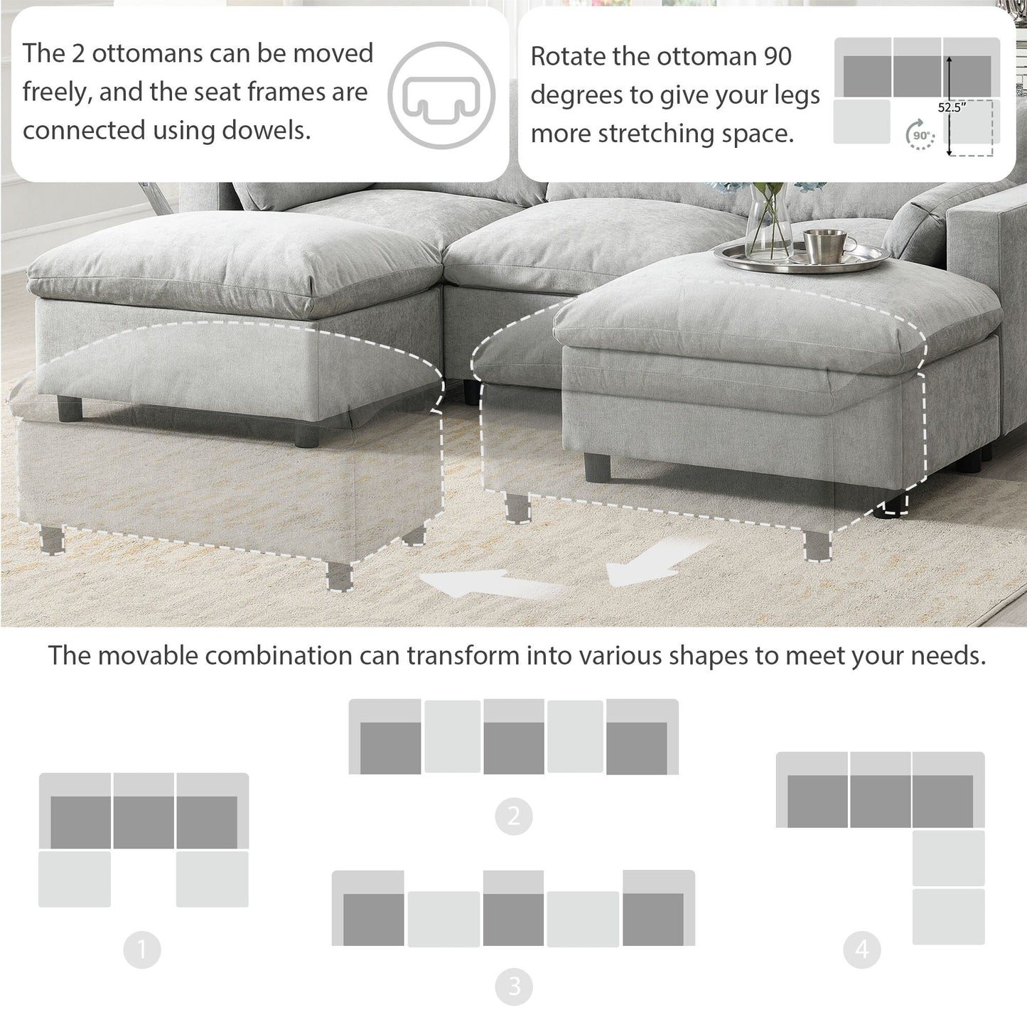 Roomfitters 86.5 Chenille Modular Sectional Sofa, Storage Pockets, 5 Seat U-Shaped Couch with Pillows & 2 Ottomans