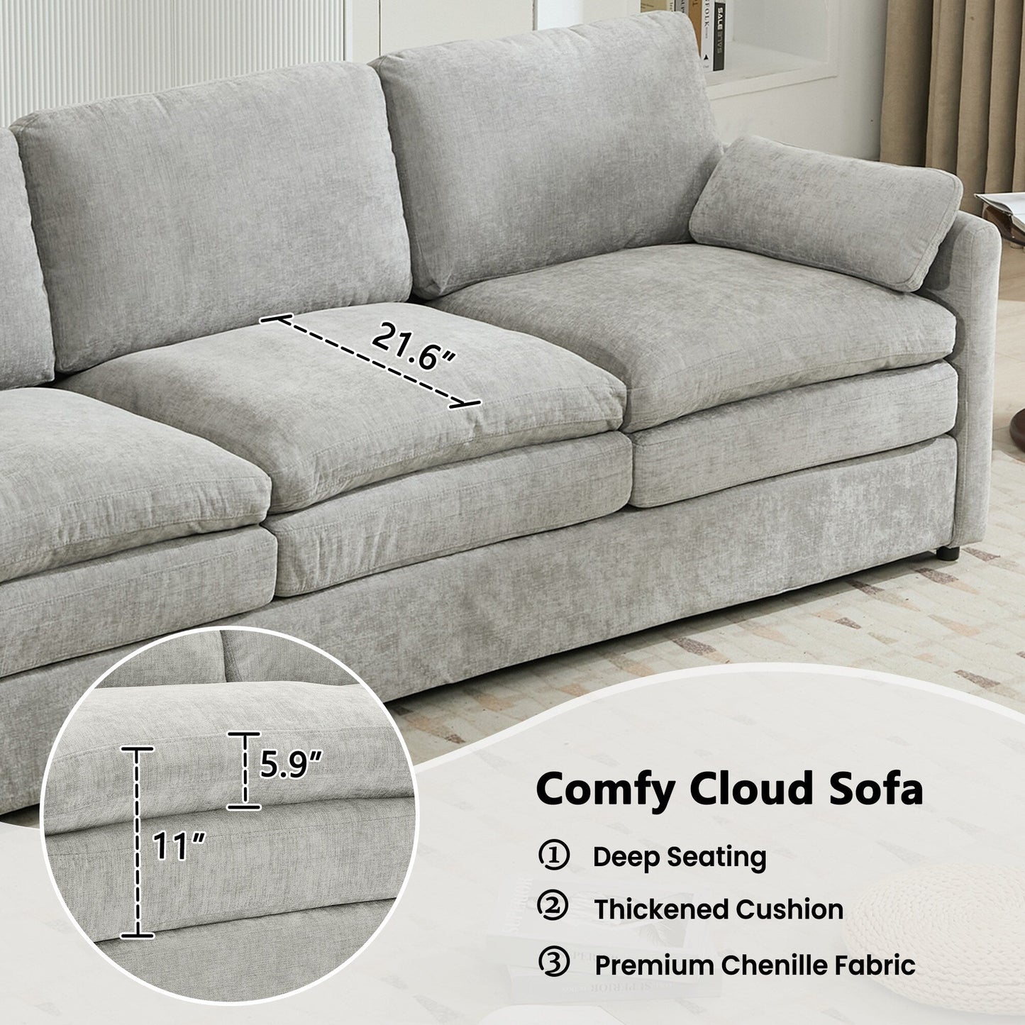 Roomfitters 89 Oversized Upholstered 3-Seater Cloud Sofa with Dual Plush Cushions