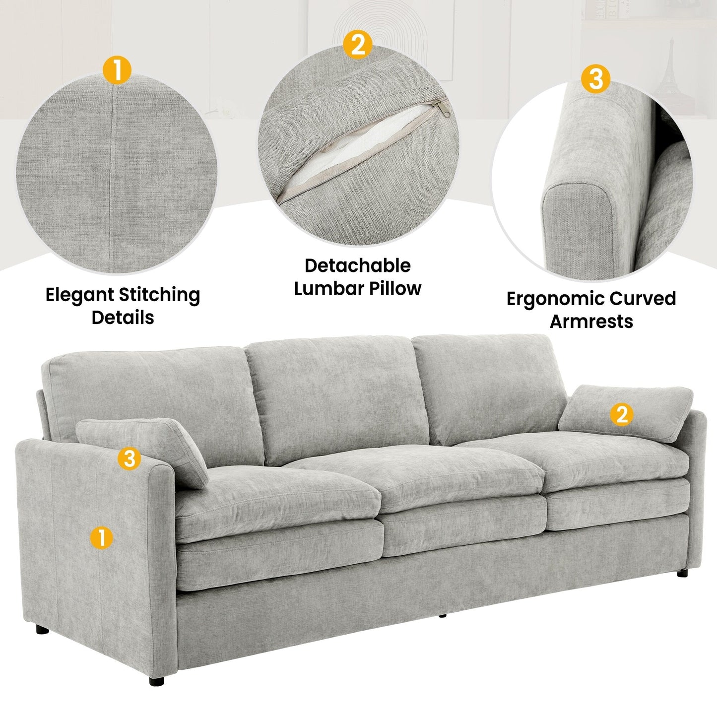 Roomfitters 89 Oversized Upholstered 3-Seater Cloud Sofa with Dual Plush Cushions
