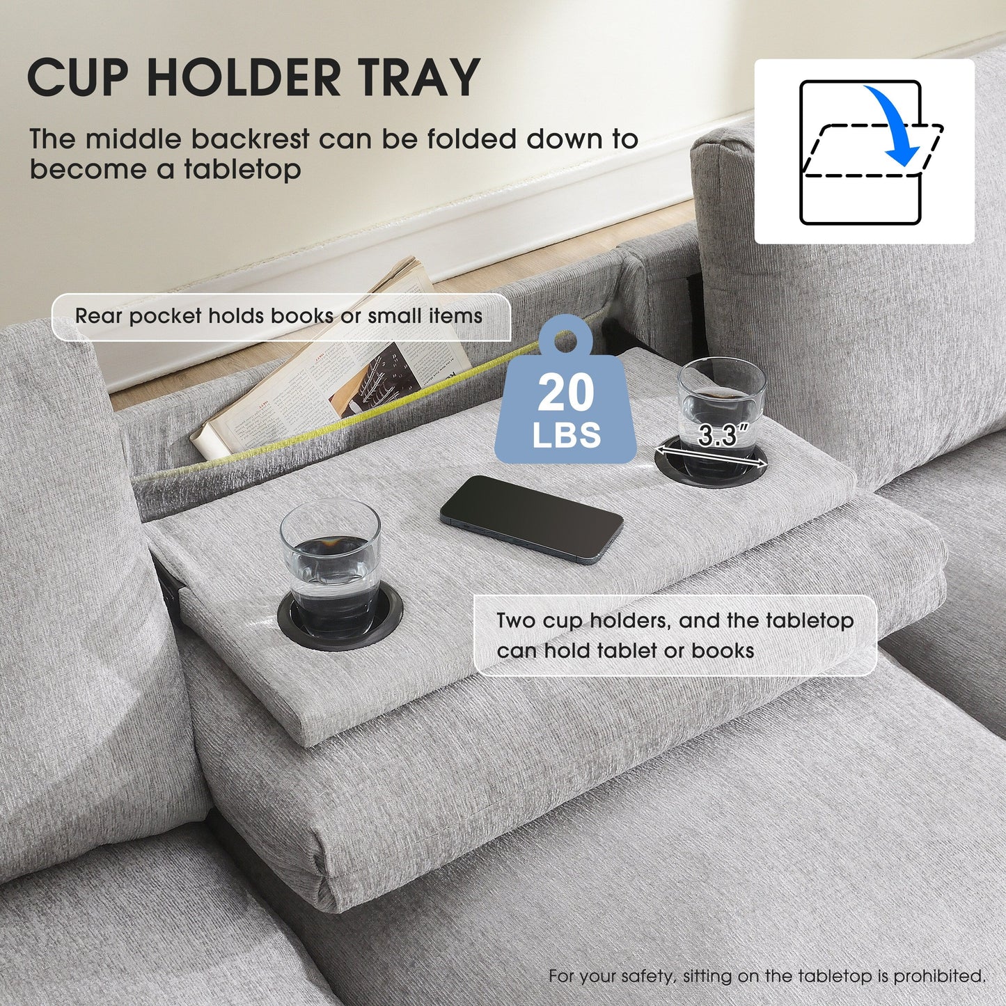 Roomfitters 96'' x 35'' Chenille Sectional Sofa with Bluetooth Speaker, Comfy Cloud Couch Set with Drop-Down Table, USB Charger