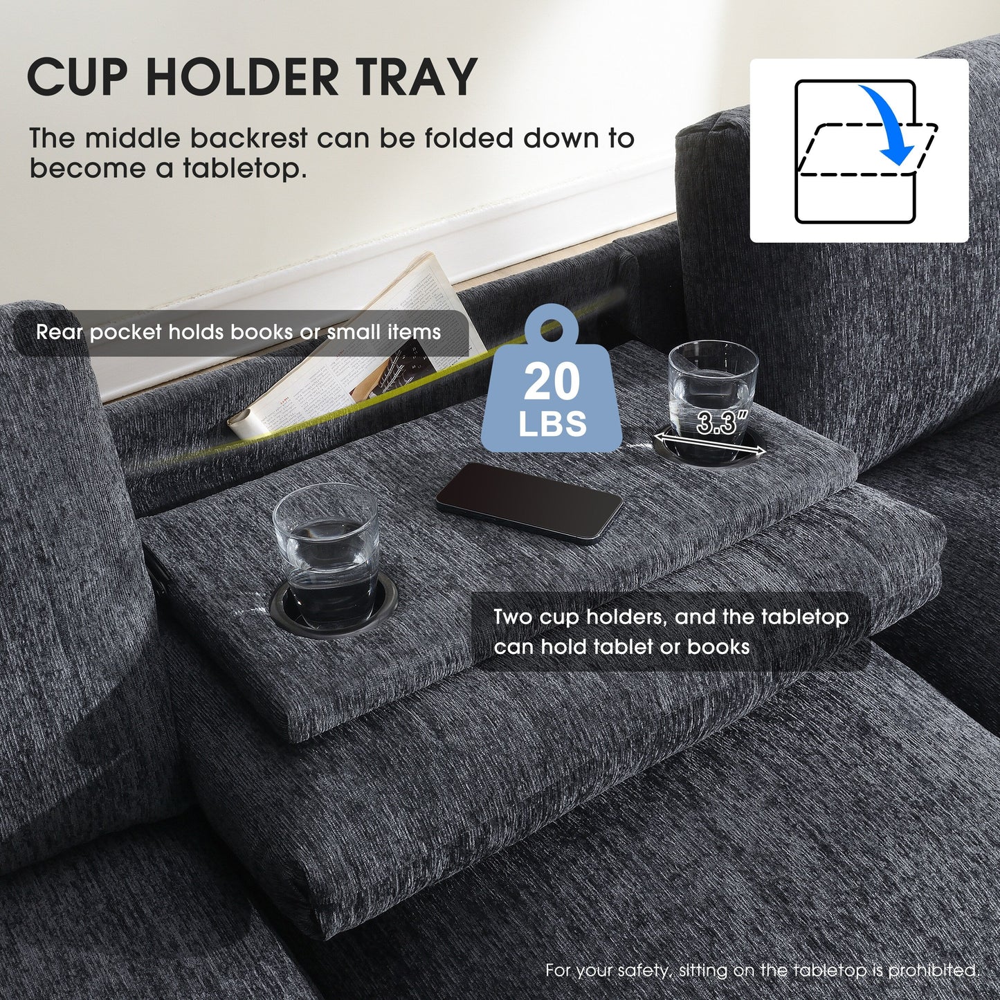 Roomfitters 96'' x 35'' Chenille Sectional Sofa with Bluetooth Speaker, Comfy Cloud Couch Set with Drop-Down Table, USB Charger