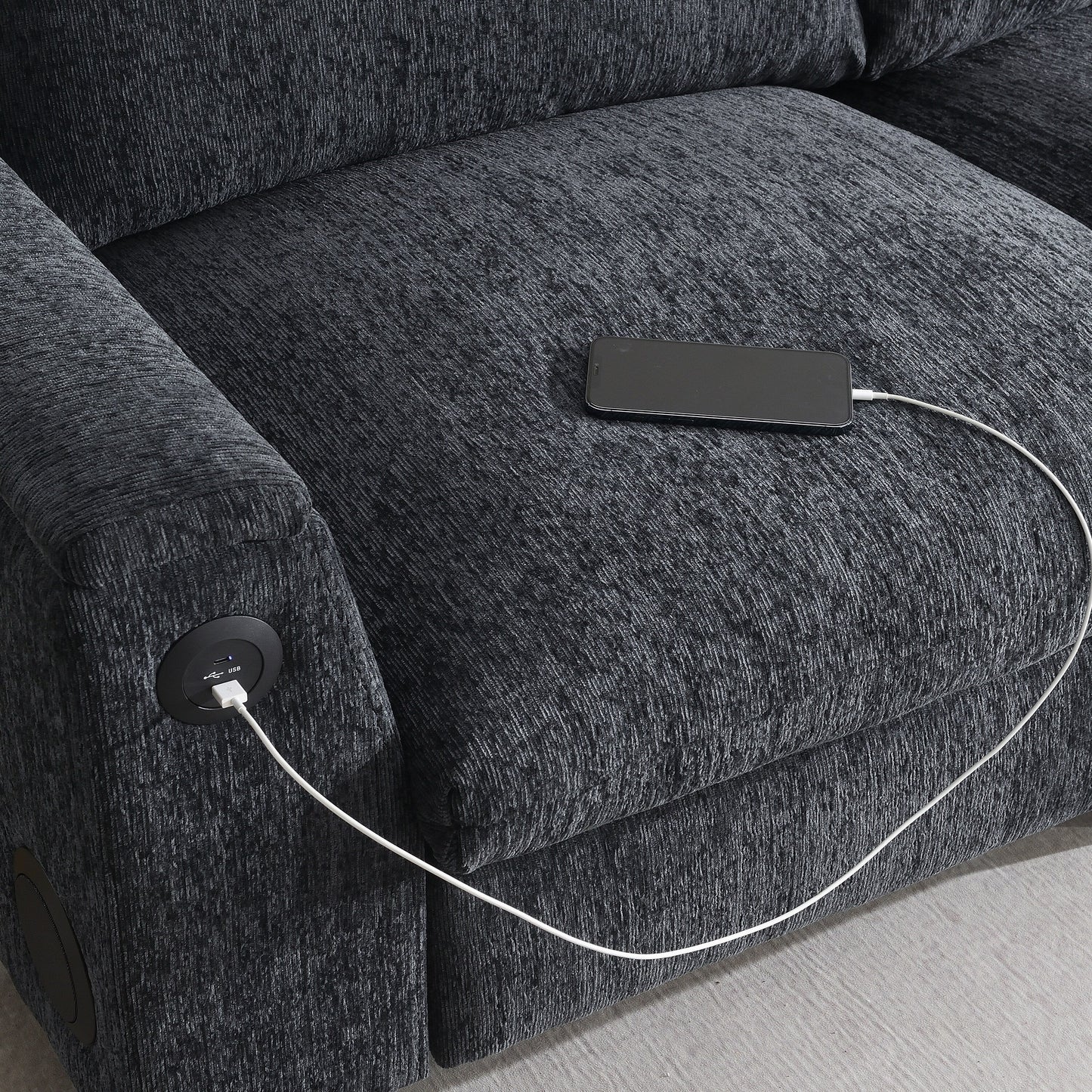 Roomfitters 96'' x 35'' Chenille Sectional Sofa with Bluetooth Speaker, Comfy Cloud Couch Set with Drop-Down Table, USB Charger