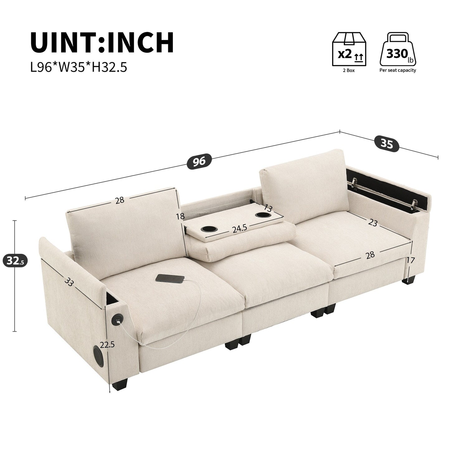 Roomfitters 96'' x 35'' Chenille Sectional Sofa with Bluetooth Speaker, Comfy Cloud Couch Set with Drop-Down Table, USB Charger