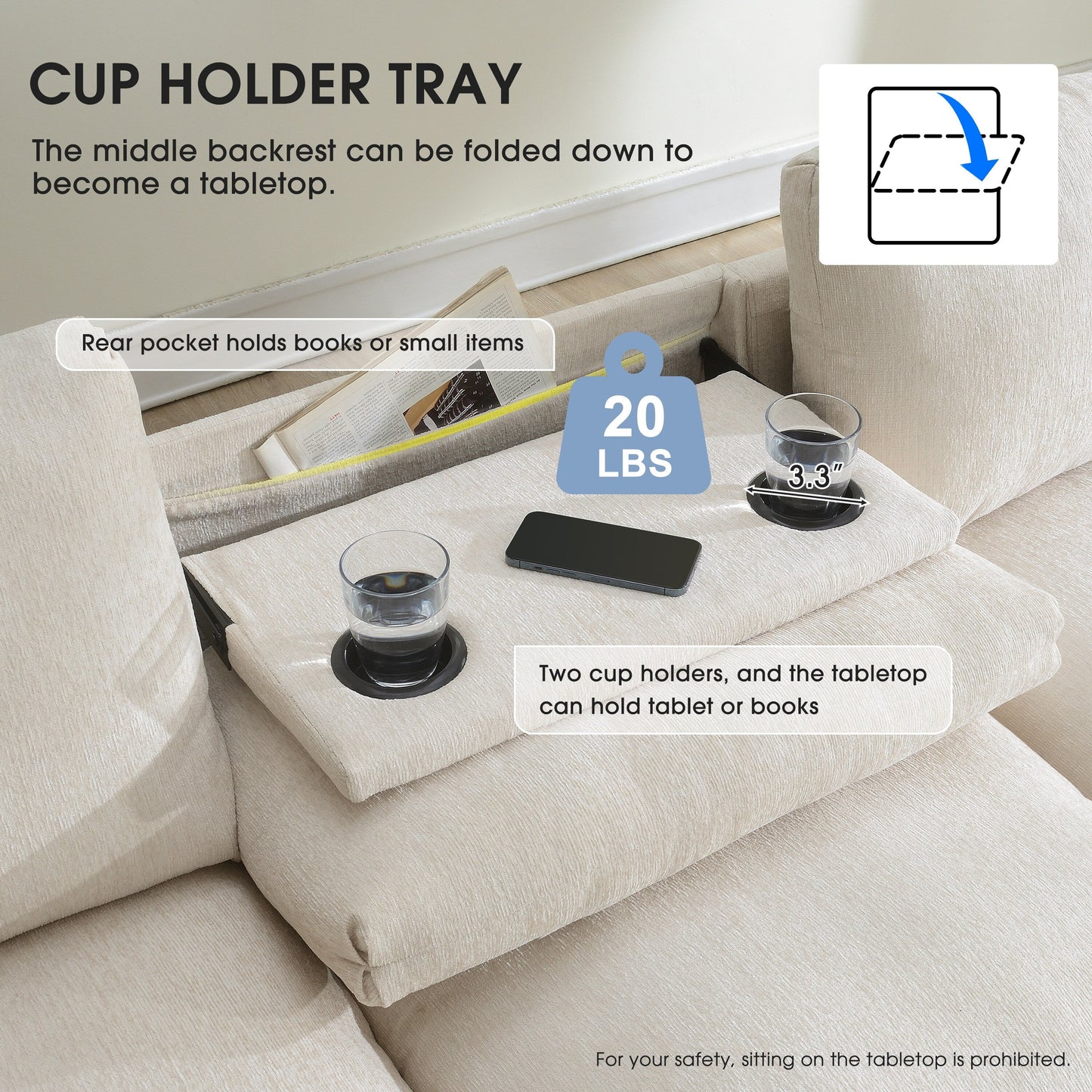 Roomfitters 96'' x 35'' Chenille Sectional Sofa with Bluetooth Speaker, Comfy Cloud Couch Set with Drop-Down Table, USB Charger