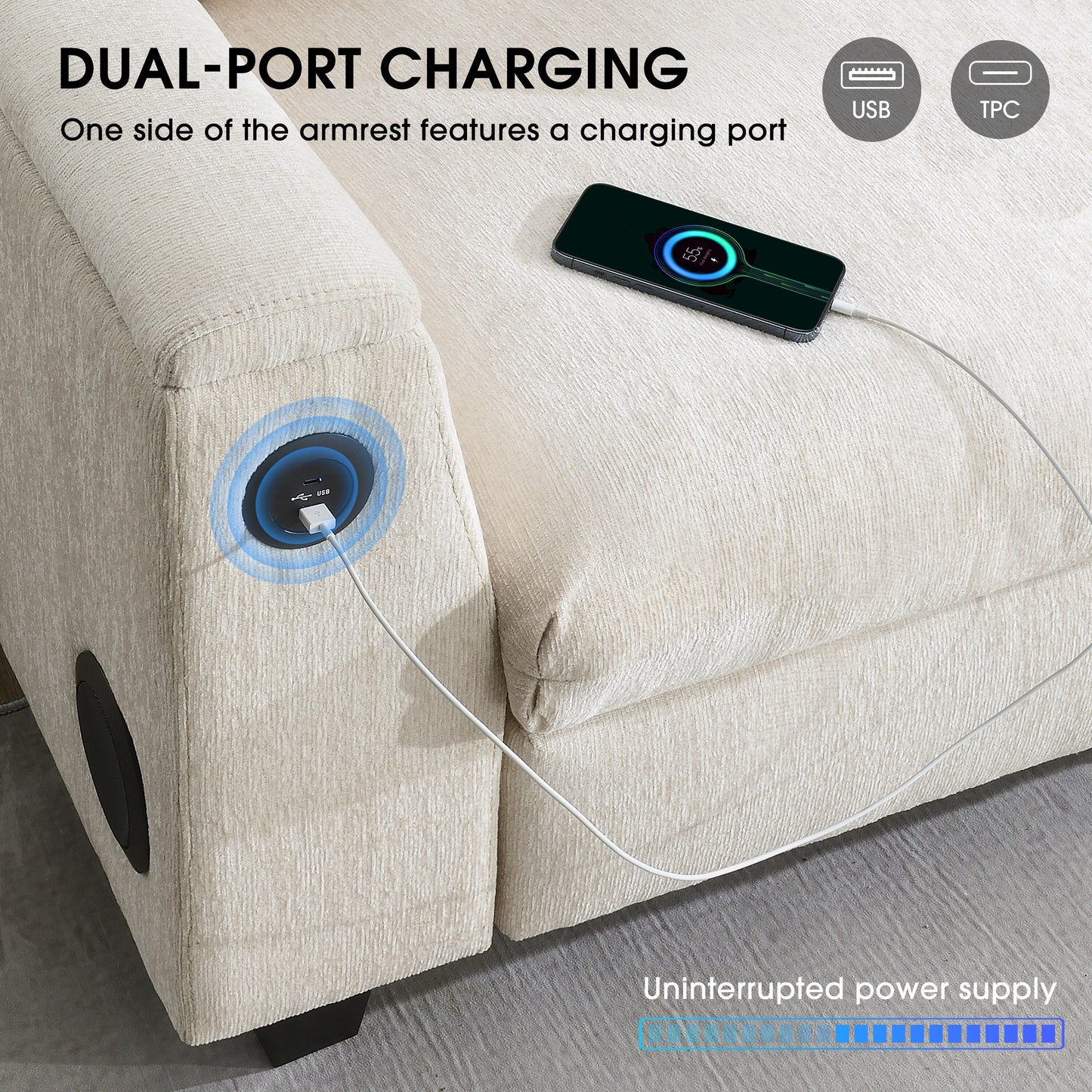 Roomfitters 96'' x 35'' Chenille Sectional Sofa with Bluetooth Speaker, Comfy Cloud Couch Set with Drop-Down Table, USB Charger