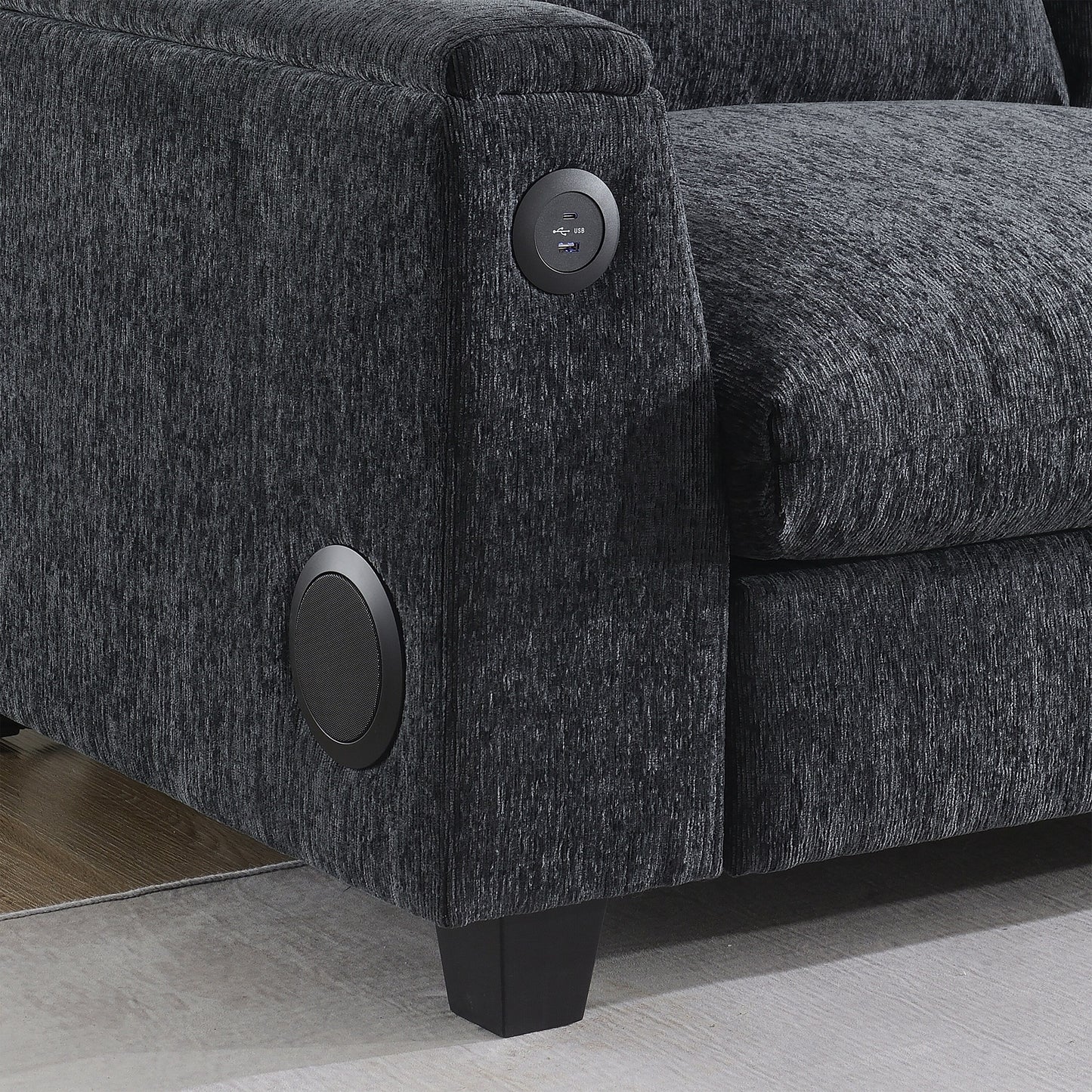 Roomfitters 96'' x 35'' Chenille Sectional Sofa with Bluetooth Speaker, Comfy Cloud Couch Set with Drop-Down Table, USB Charger