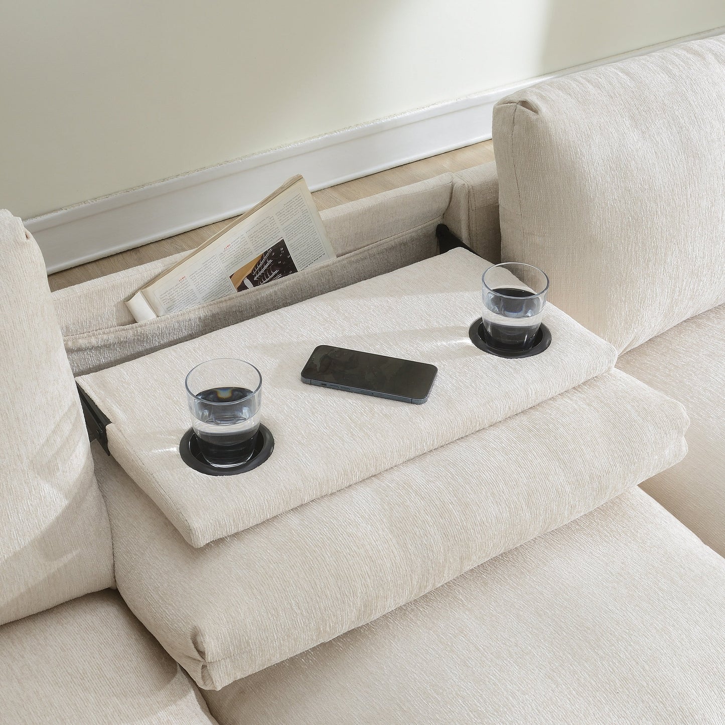 Roomfitters 96'' x 35'' Chenille Sectional Sofa with Bluetooth Speaker, Comfy Cloud Couch Set with Drop-Down Table, USB Charger