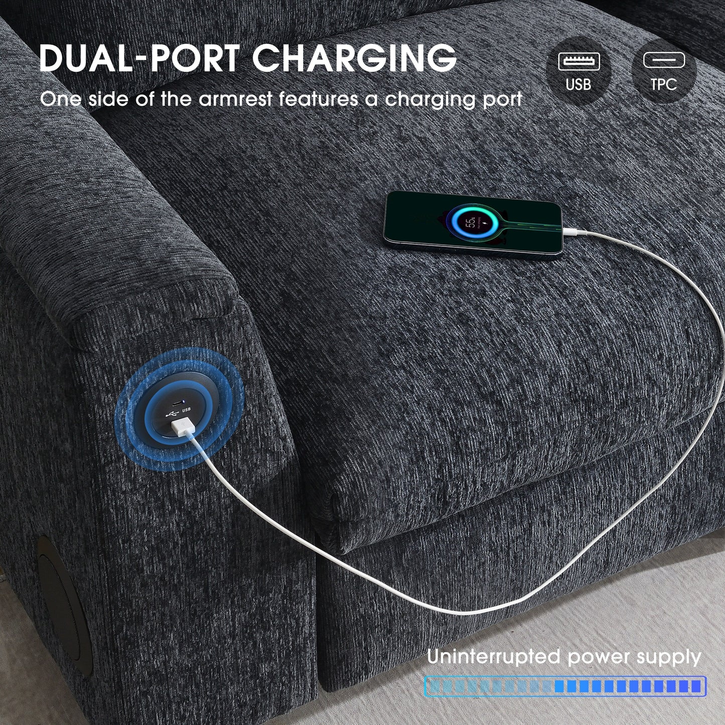 Roomfitters 96'' x 35'' Chenille Sectional Sofa with Bluetooth Speaker, Comfy Cloud Couch Set with Drop-Down Table, USB Charger