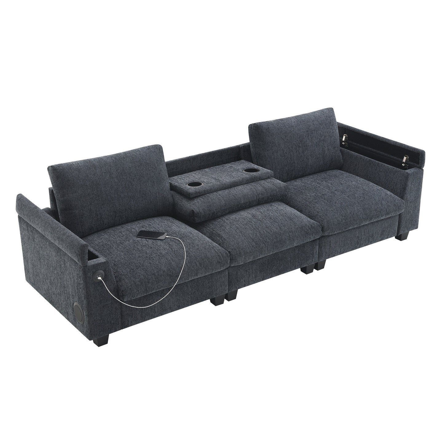 Roomfitters 96'' x 35'' Chenille Sectional Sofa with Bluetooth Speaker, Comfy Cloud Couch Set with Drop-Down Table, USB Charger