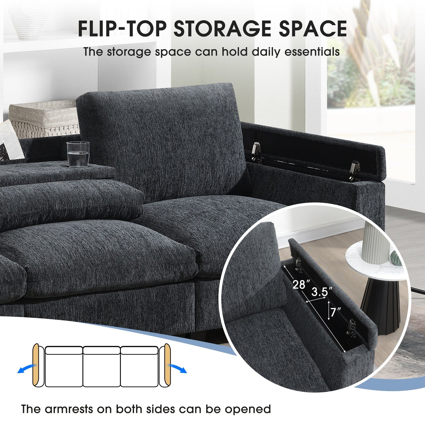 Roomfitters 96'' x 35'' Chenille Sectional Sofa with Bluetooth Speaker, Comfy Cloud Couch Set with Drop-Down Table, USB Charger