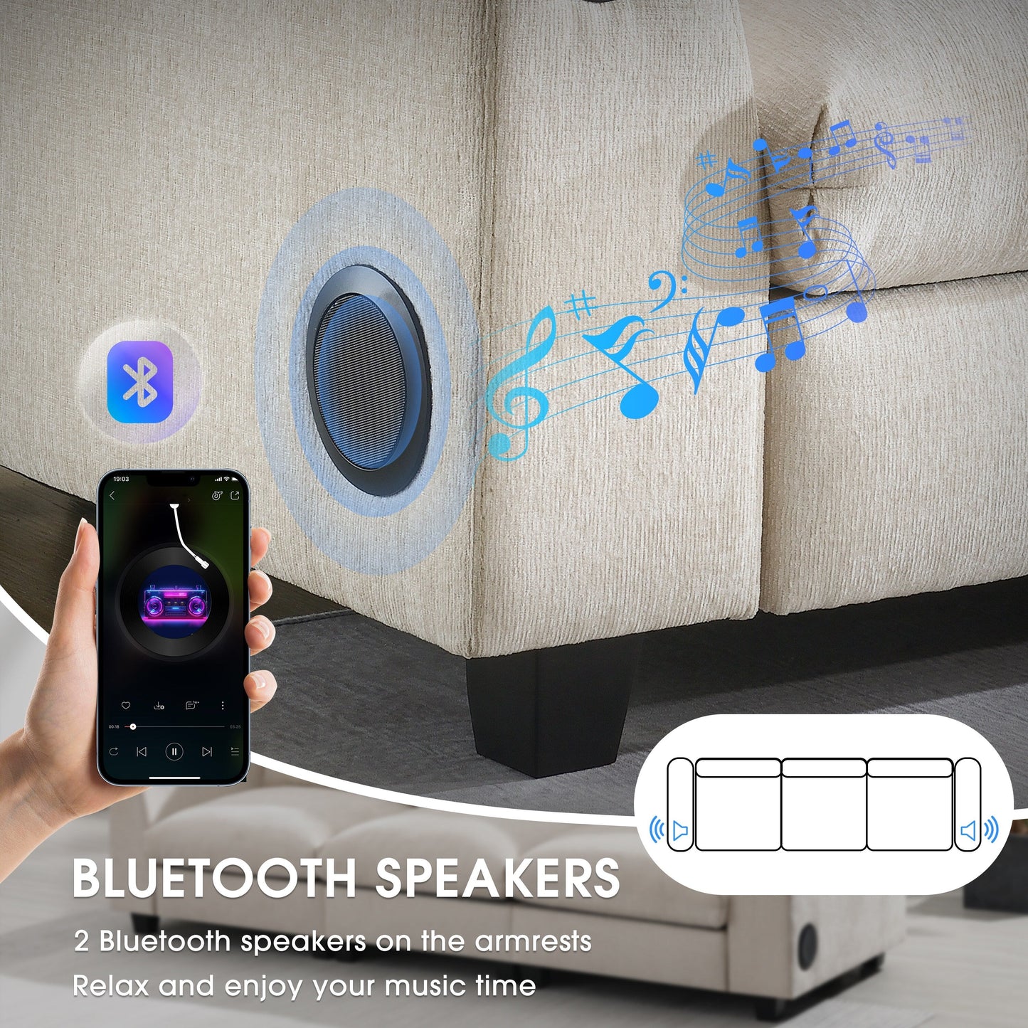 Roomfitters 96'' x 35'' Chenille Sectional Sofa with Bluetooth Speaker, Comfy Cloud Couch Set with Drop-Down Table, USB Charger