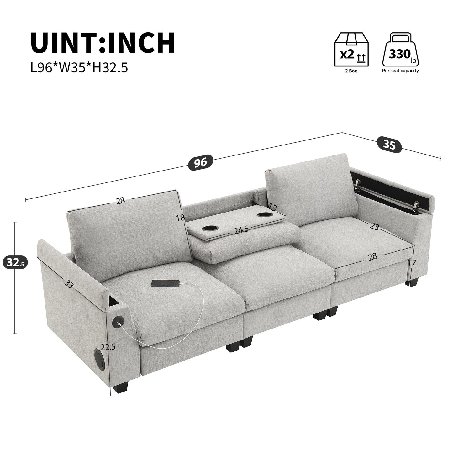 Roomfitters 96'' x 35'' Chenille Sectional Sofa with Bluetooth Speaker, Comfy Cloud Couch Set with Drop-Down Table, USB Charger