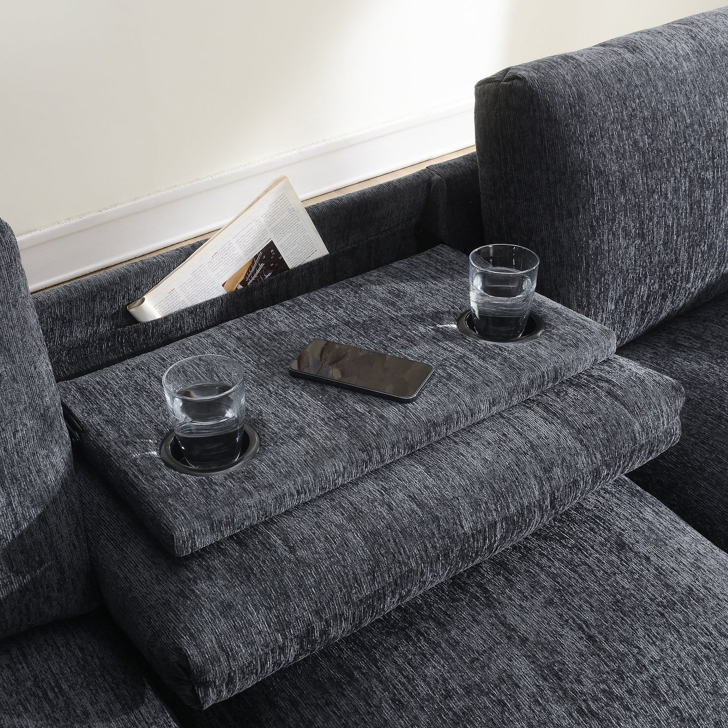 Roomfitters 96'' x 35'' Chenille Sectional Sofa with Bluetooth Speaker, Comfy Cloud Couch Set with Drop-Down Table, USB Charger