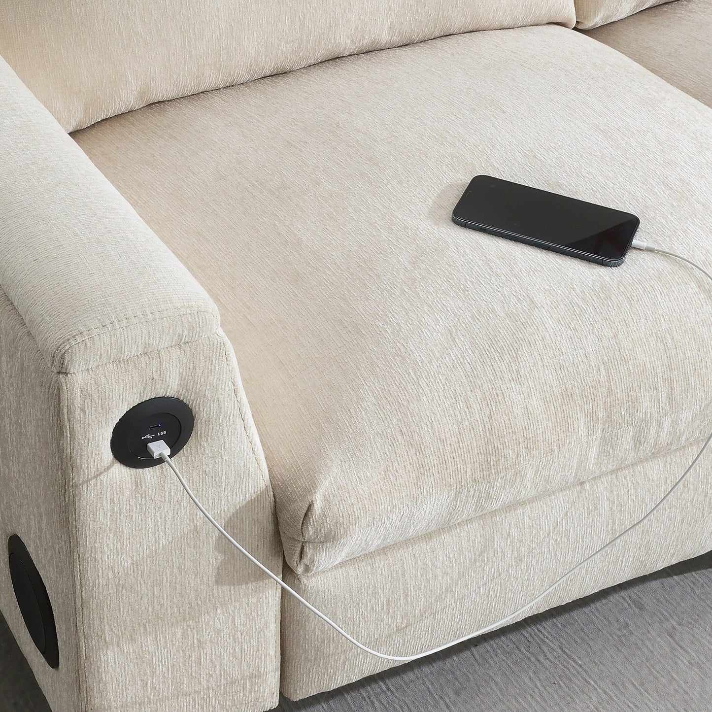 Roomfitters 96'' x 35'' Chenille Sectional Sofa with Bluetooth Speaker, Comfy Cloud Couch Set with Drop-Down Table, USB Charger