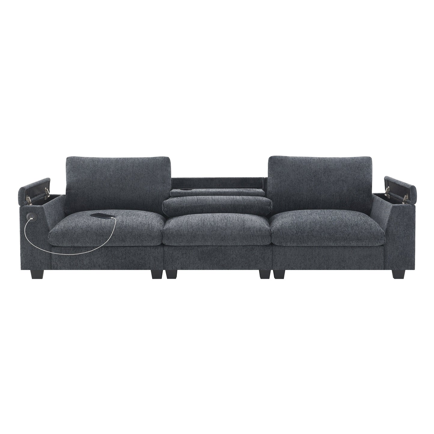 Roomfitters 96'' x 35'' Chenille Sectional Sofa with Bluetooth Speaker, Comfy Cloud Couch Set with Drop-Down Table, USB Charger