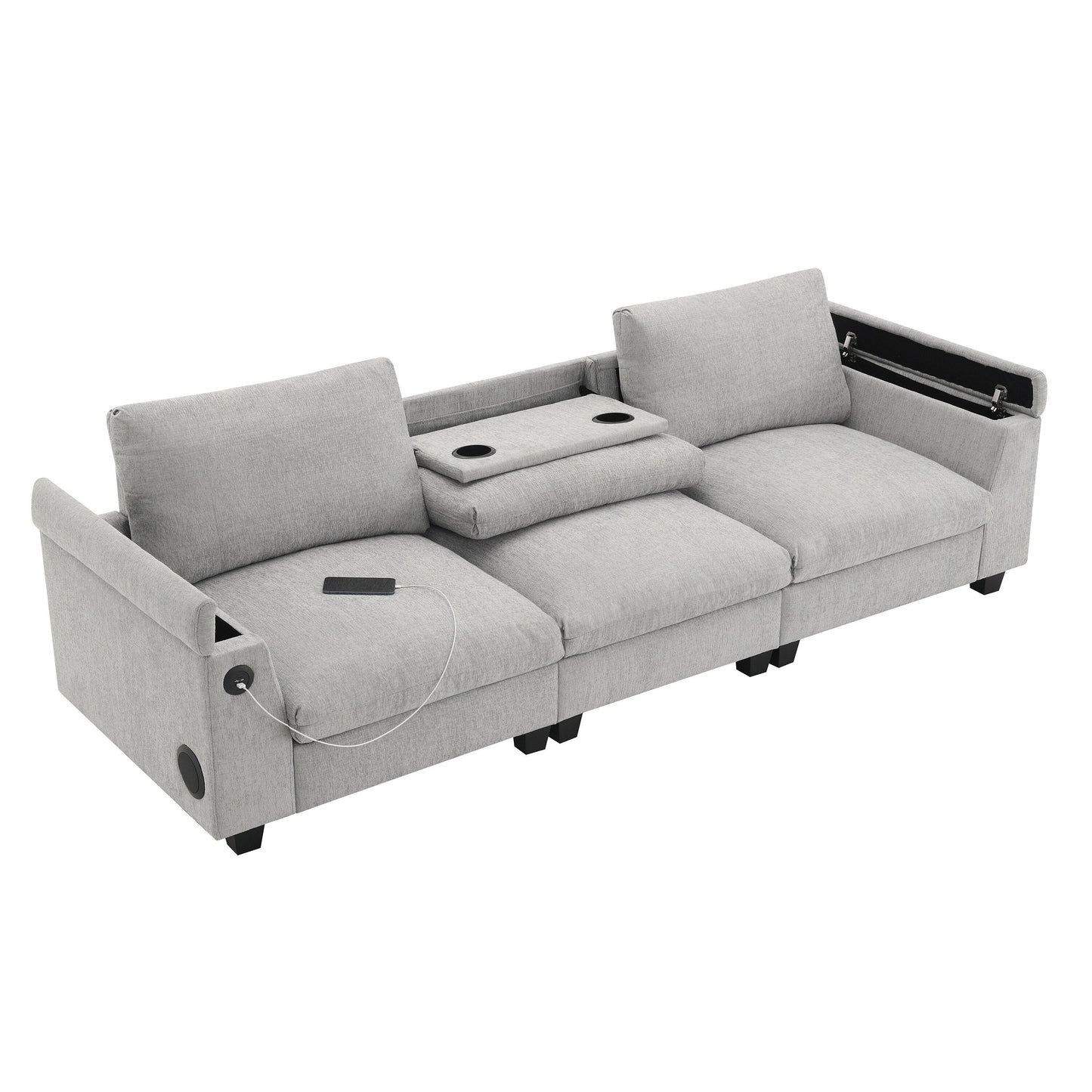 Roomfitters 96'' x 35'' Chenille Sectional Sofa with Bluetooth Speaker, Comfy Cloud Couch Set with Drop-Down Table, USB Charger