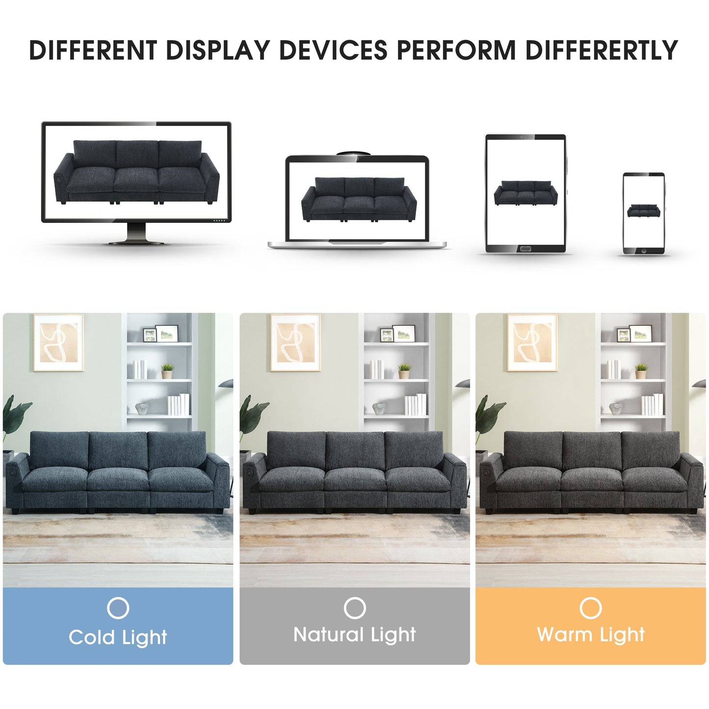 Roomfitters 96'' x 35'' Chenille Sectional Sofa with Bluetooth Speaker, Comfy Cloud Couch Set with Drop-Down Table, USB Charger