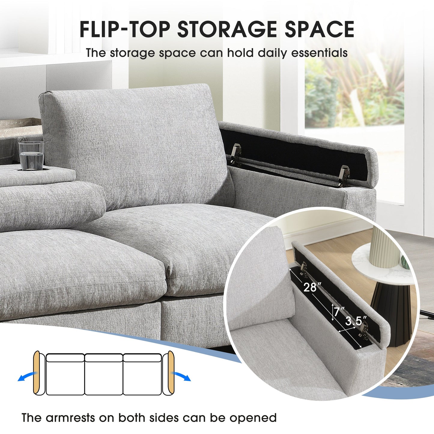 Roomfitters 96'' x 35'' Chenille Sectional Sofa with Bluetooth Speaker, Comfy Cloud Couch Set with Drop-Down Table, USB Charger