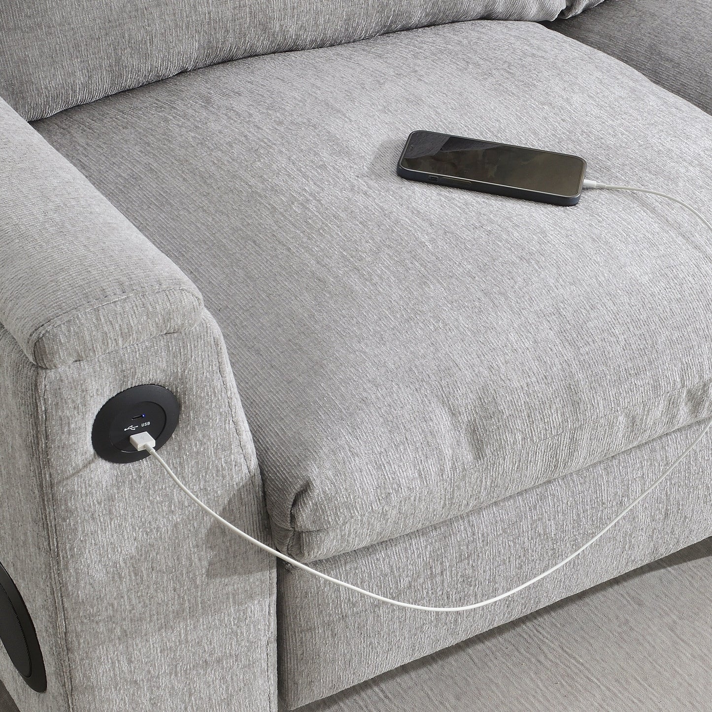 Roomfitters 96'' x 35'' Chenille Sectional Sofa with Bluetooth Speaker, Comfy Cloud Couch Set with Drop-Down Table, USB Charger