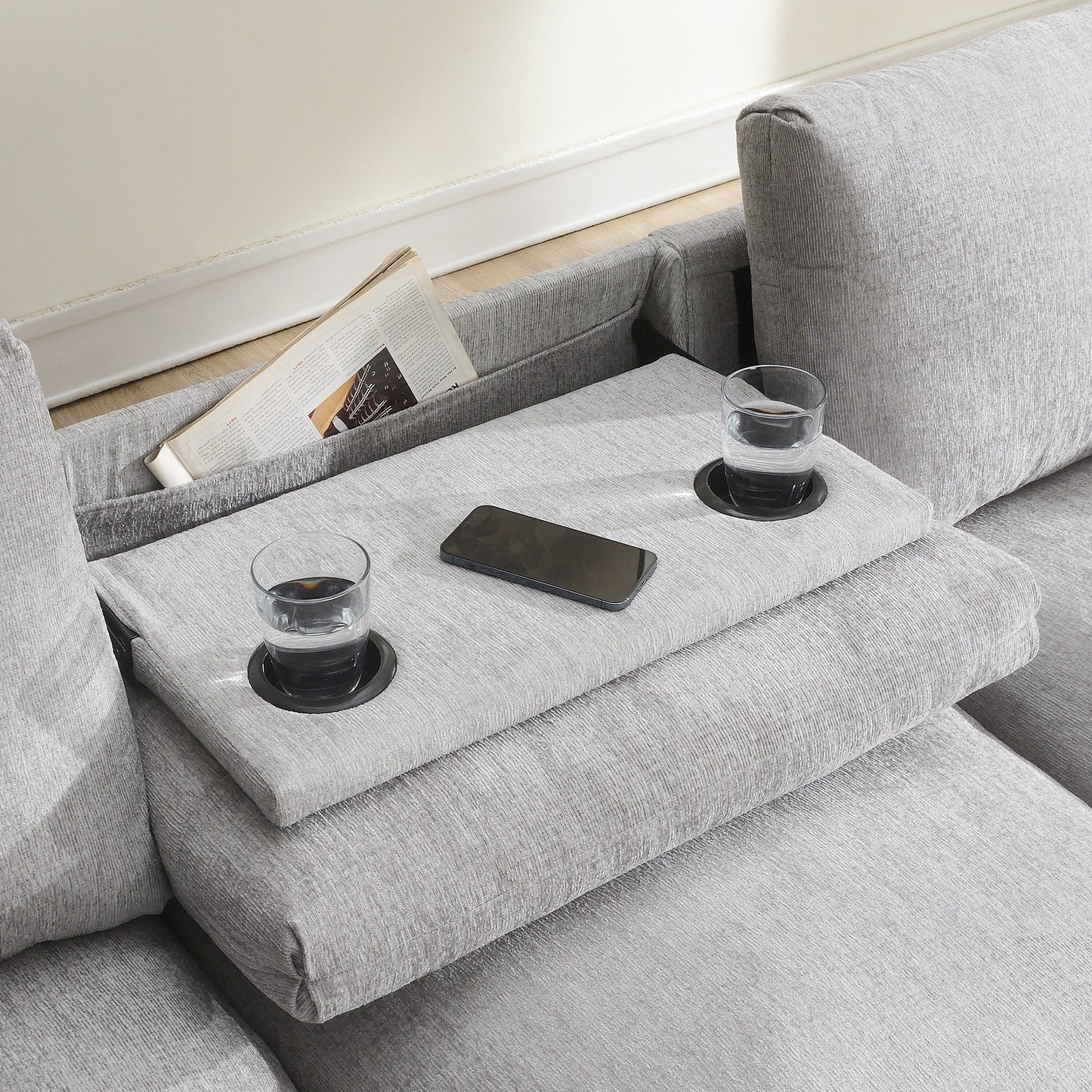 Roomfitters 96'' x 35'' Chenille Sectional Sofa with Bluetooth Speaker, Comfy Cloud Couch Set with Drop-Down Table, USB Charger