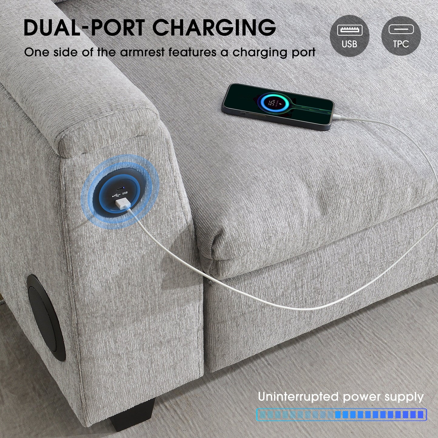 Roomfitters 96'' x 35'' Chenille Sectional Sofa with Bluetooth Speaker, Comfy Cloud Couch Set with Drop-Down Table, USB Charger