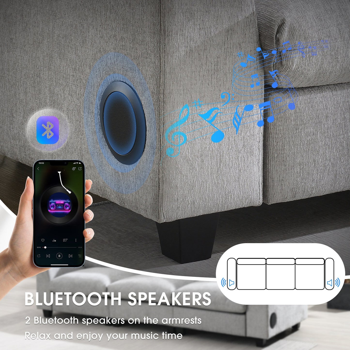 Roomfitters 96'' x 35'' Chenille Sectional Sofa with Bluetooth Speaker, Comfy Cloud Couch Set with Drop-Down Table, USB Charger