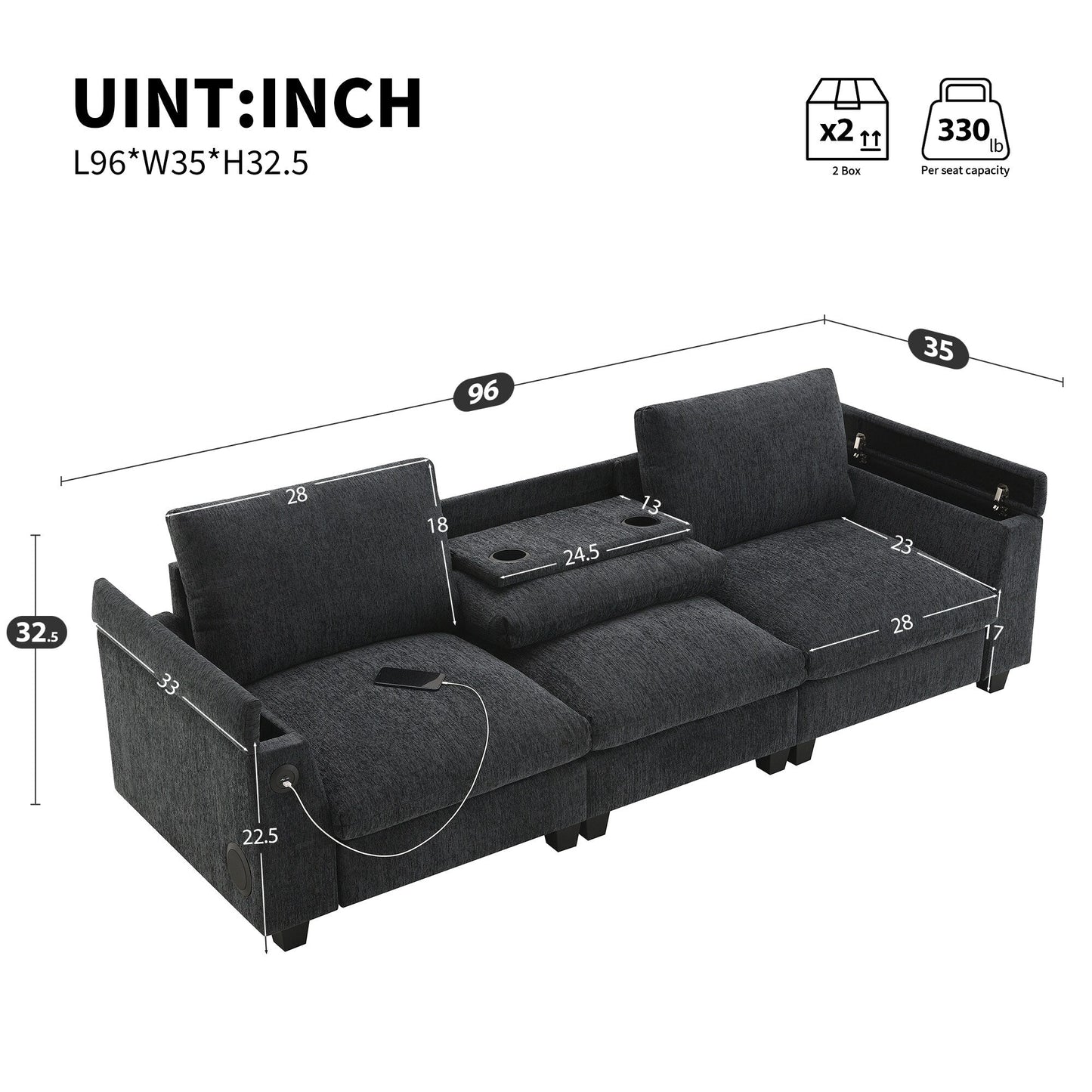 Roomfitters 96'' x 35'' Chenille Sectional Sofa with Bluetooth Speaker, Comfy Cloud Couch Set with Drop-Down Table, USB Charger