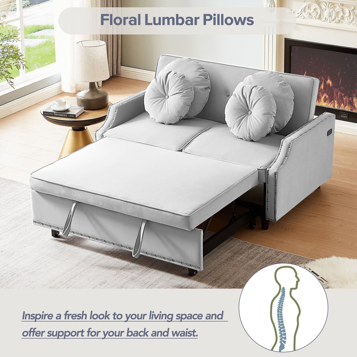 Roomfitters Adjustable Sofa Bed with Button Tufted Backrest, USB Ports, and Floral Lumbar Pillows, Perfect for Living Room