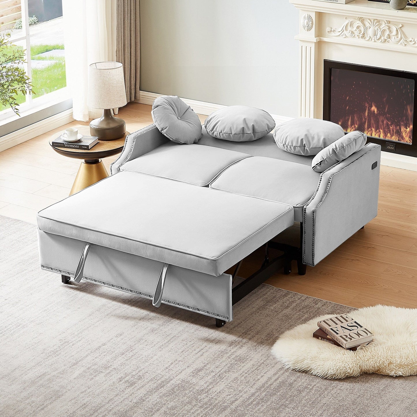 Roomfitters Adjustable Sofa Bed with Button Tufted Backrest, USB Ports, and Floral Lumbar Pillows, Perfect for Living Room