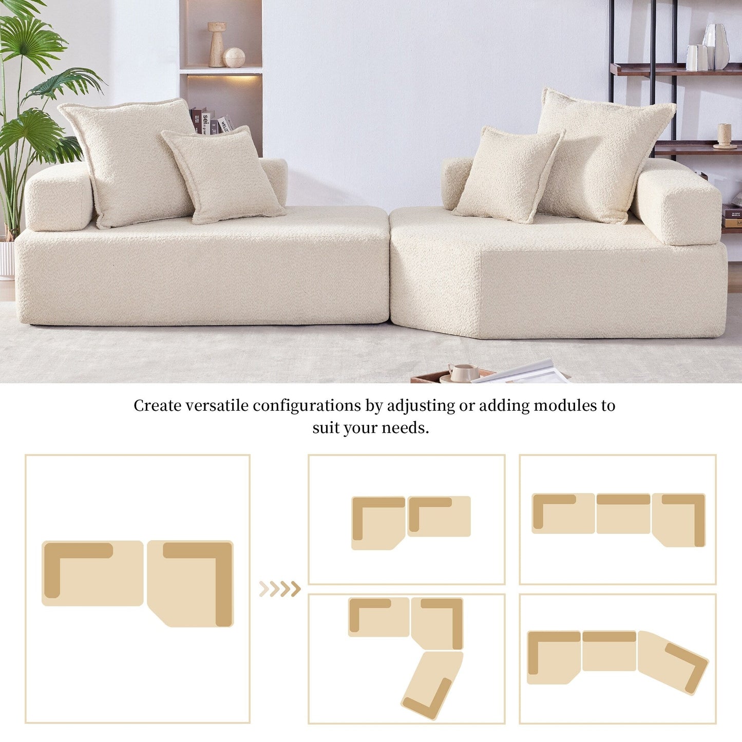 Roomfitters Boucle Modular Sofa with 2-Piece Convertible Set, Oversized Foam-Filled Living Room Floor Couch, Beige
