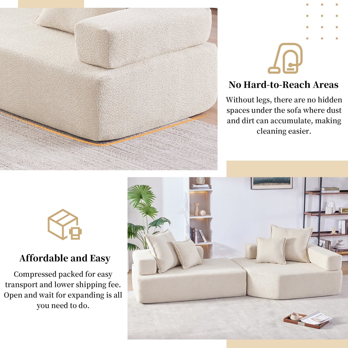 Roomfitters Boucle Modular Sofa with 2-Piece Convertible Set, Oversized Foam-Filled Living Room Floor Couch, Beige