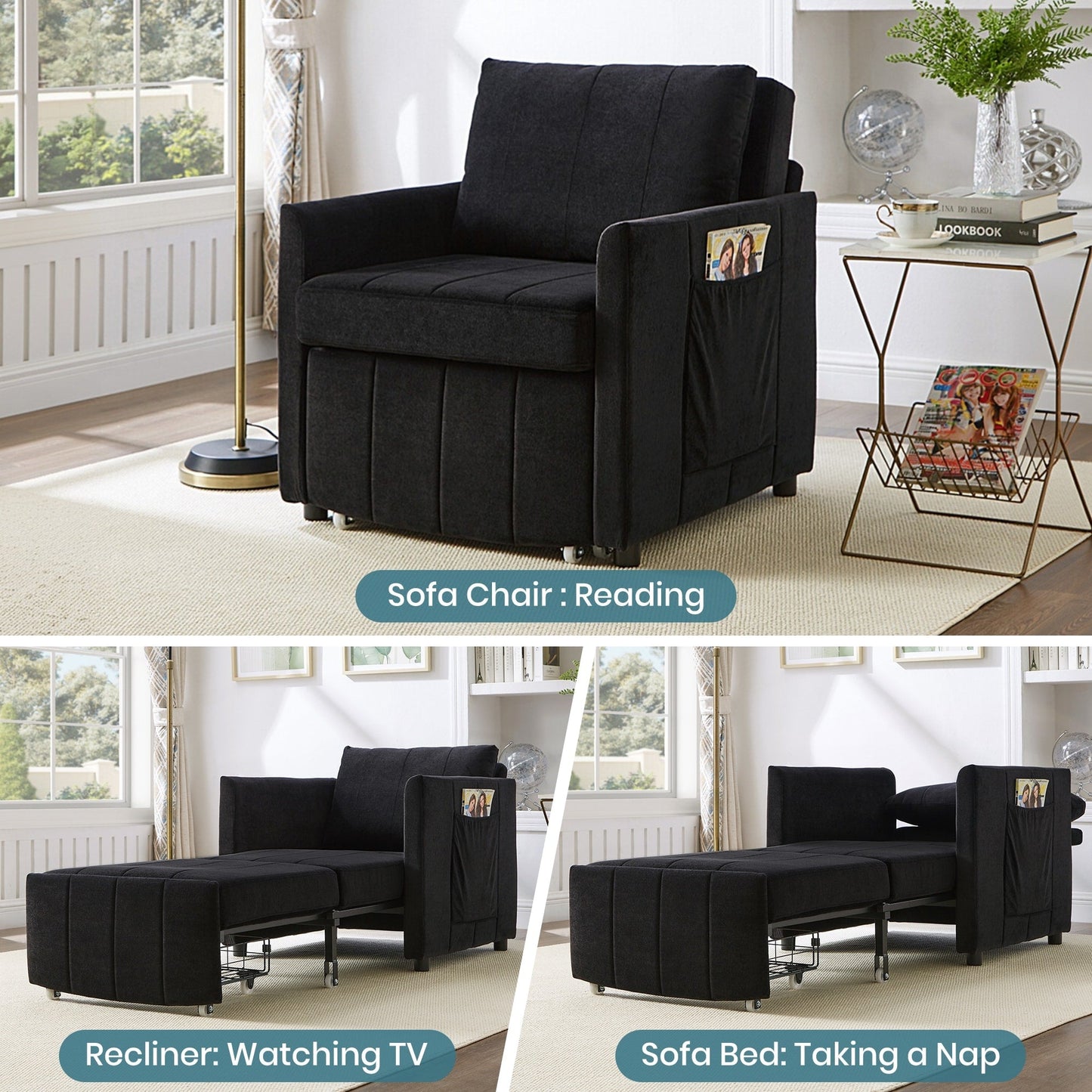 Roomfitters Convertible Sleeper Sofa with Pull-Out Bed 5-Position Adjustable Backrest Side Pockets & Storage Basket