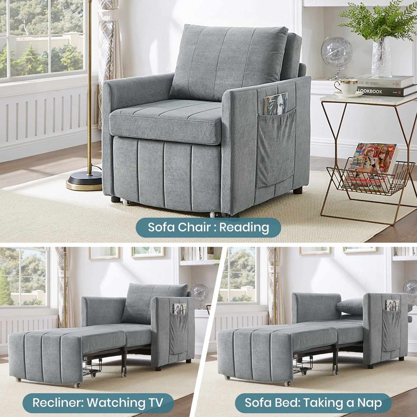 Roomfitters Convertible Sleeper Sofa with Pull-Out Bed 5-Position Adjustable Backrest Side Pockets & Storage Basket