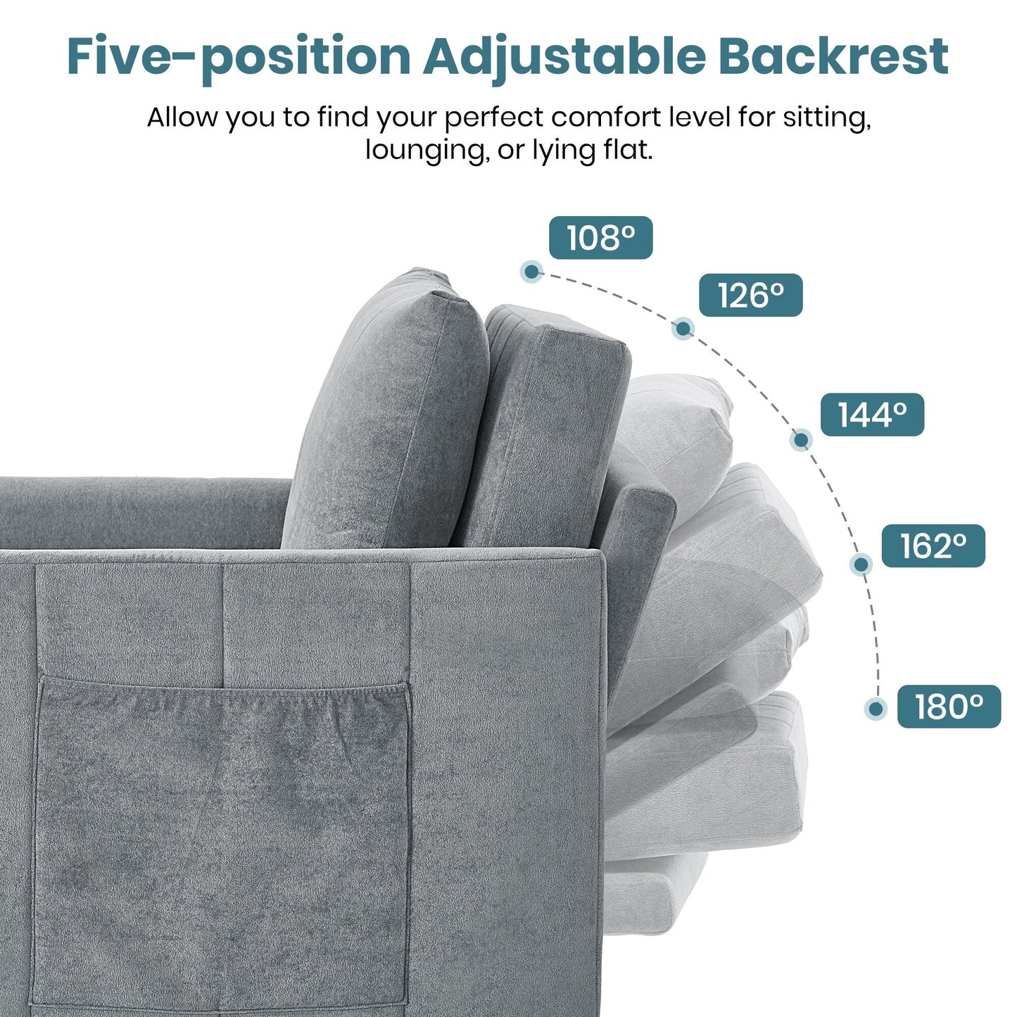 Roomfitters Convertible Sleeper Sofa with Pull-Out Bed 5-Position Adjustable Backrest Side Pockets & Storage Basket