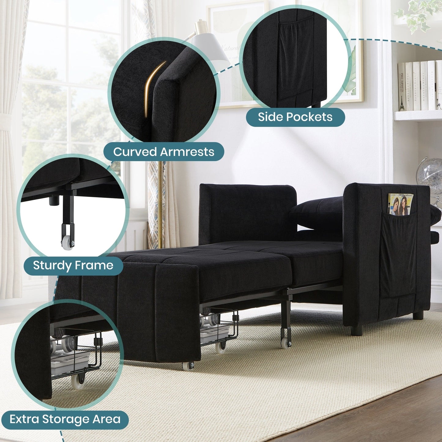 Roomfitters Convertible Sleeper Sofa with Pull-Out Bed 5-Position Adjustable Backrest Side Pockets & Storage Basket