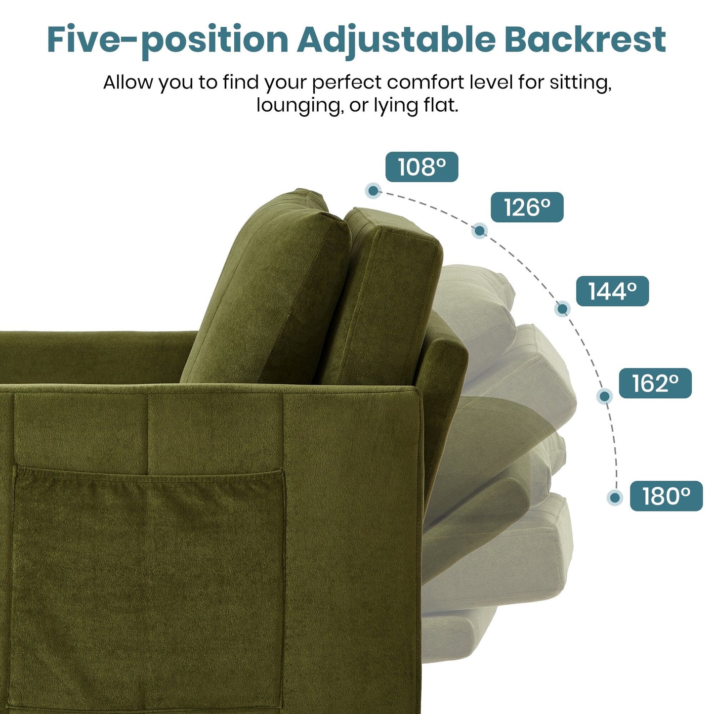 Roomfitters Convertible Sleeper Sofa with Pull-Out Bed 5-Position Adjustable Backrest Side Pockets & Storage Basket