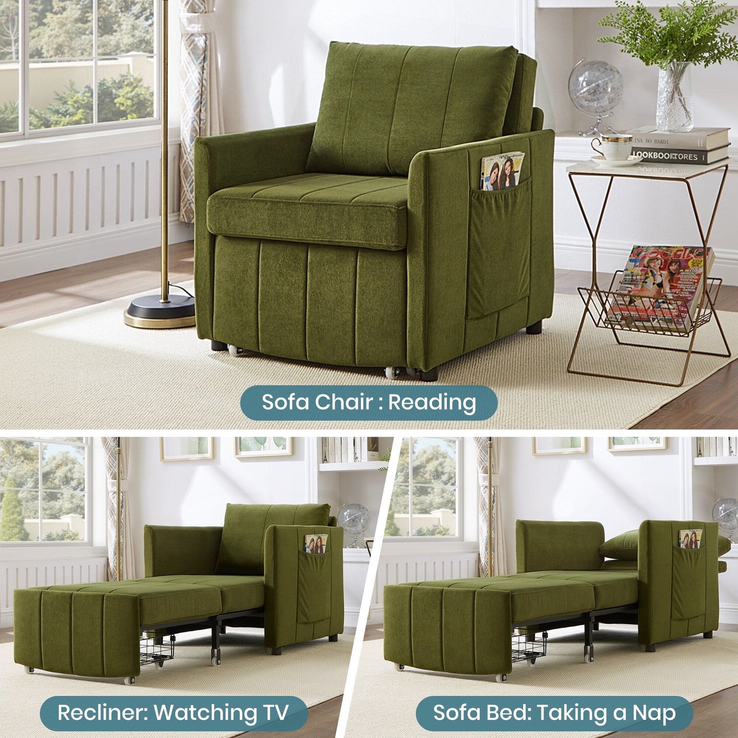 Roomfitters Convertible Sleeper Sofa with Pull-Out Bed 5-Position Adjustable Backrest Side Pockets & Storage Basket