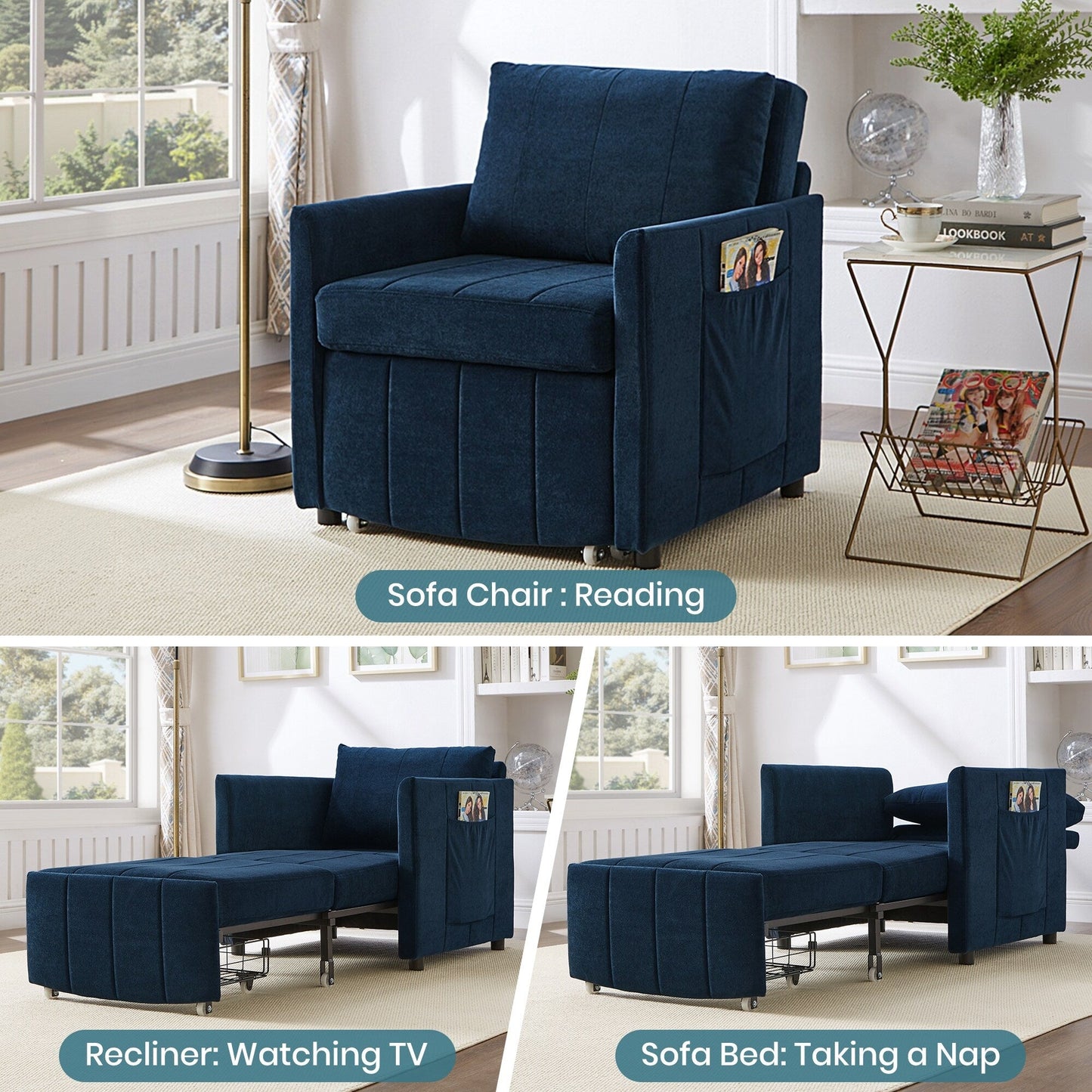 Roomfitters Convertible Sleeper Sofa with Pull-Out Bed 5-Position Adjustable Backrest Side Pockets & Storage Basket