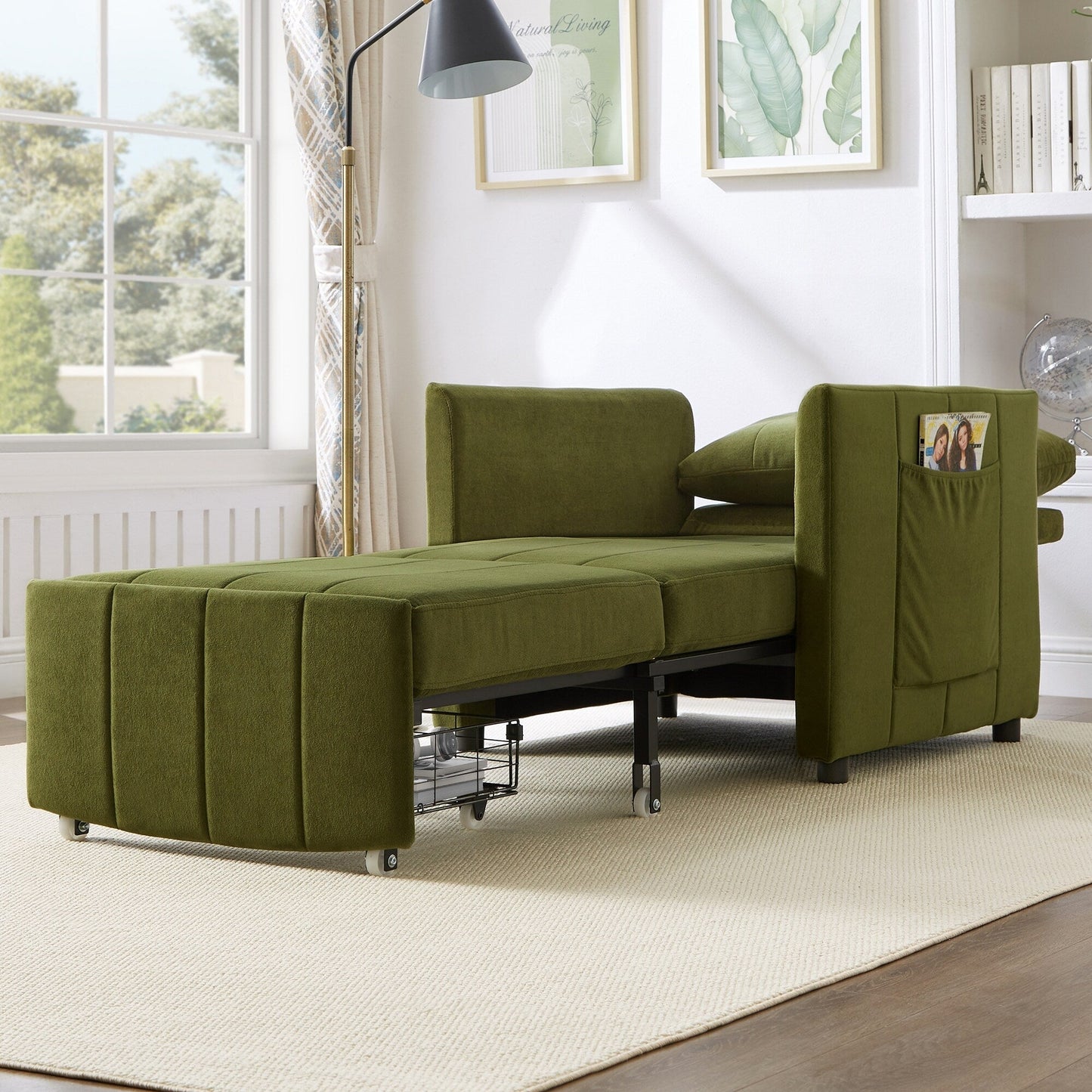 Roomfitters Convertible Sleeper Sofa with Pull-Out Bed 5-Position Adjustable Backrest Side Pockets & Storage Basket